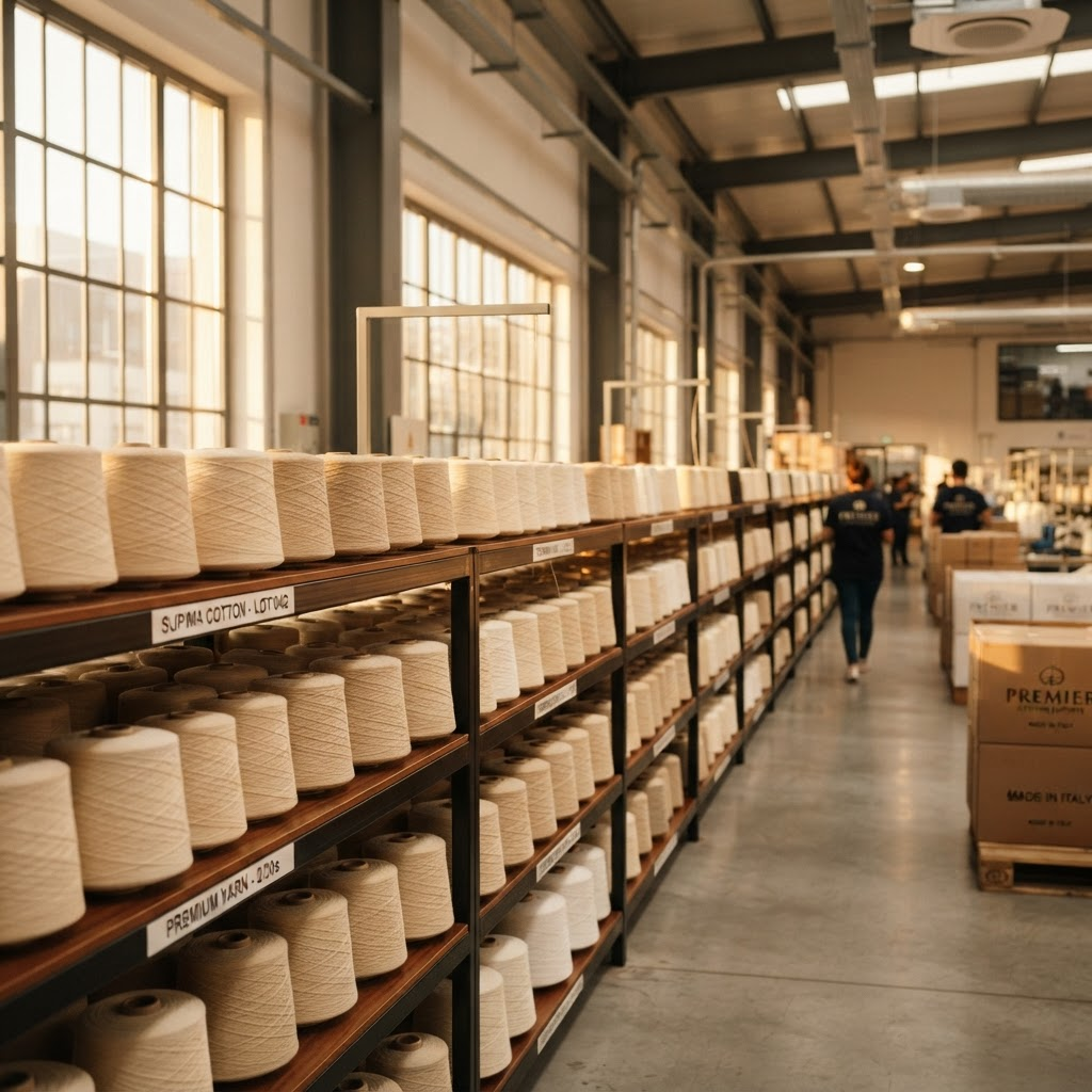Cotton yarn cones stacked in a modern textile export warehouse
